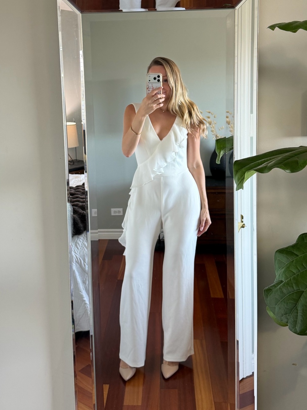 Connected Apparel White Jumpsuit with flounce detail Size 4